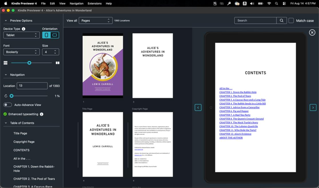 Kindle Previewer for Mac workspace — screenshot from the official user guide