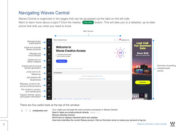 Waves Central — official user guide: interface navigation example