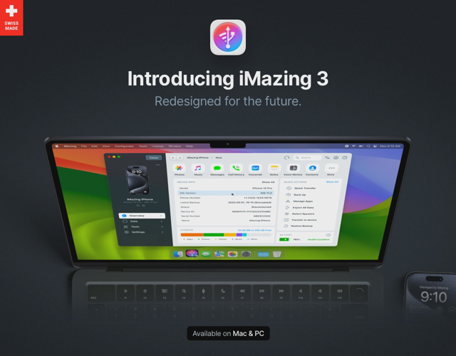 Official iMazing 3 press-kit Mac product image with the device-management interface; not exact 3.6.5.