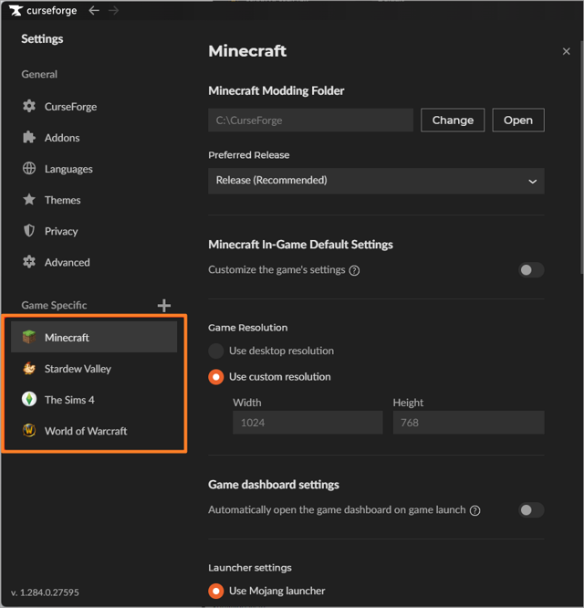Official historical CurseForge 1.284.0.27595 Minecraft settings, Windows-oriented annotated capture; not macOS.