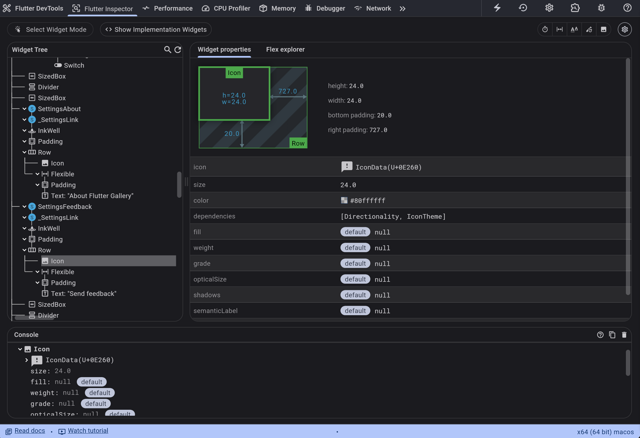 Ejemplo oficial de DevTools: inspecciona el árbol de widgets de Flutter y las propiedades del widget seleccionado.