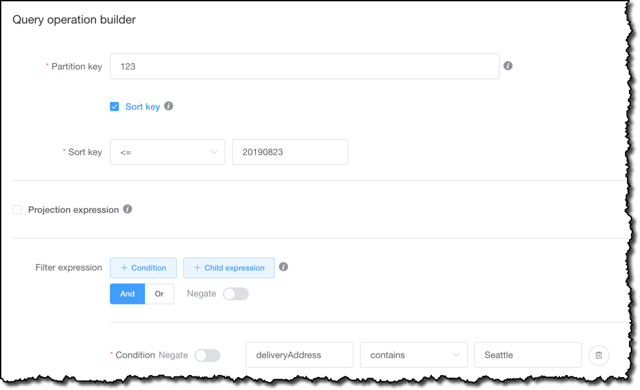 Query operation builder — interface excerpt from the official AWS blog (2019 preview example)