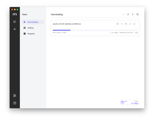 Official Motrix README Mac task-view screenshot from 2020; illustrative, not exact 1.8.19.
