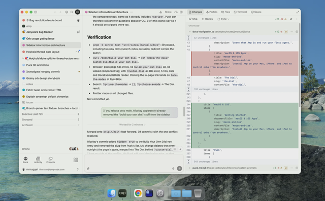 Official Mac guide example: thread sidebar, conversation and Changes pane; not a current-build test.