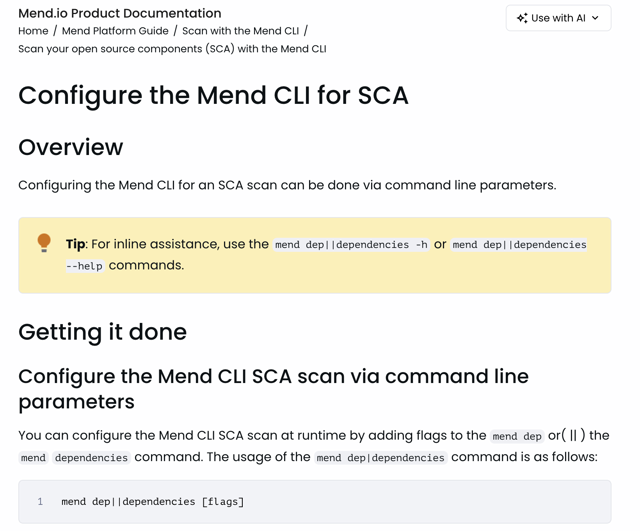 Official Mend CLI SCA command documentation (Oct 2026); documentation example, not a Mac test.