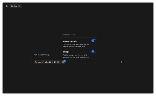 Official tagged Jan documentation showing the chat tool selector; not verified as the latest build interface.
