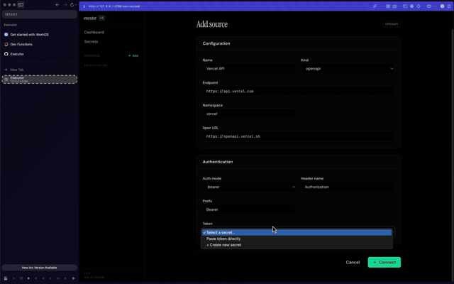 Executor: official web demo at 0:05, shared desktop functionality; sample Vercel source configuration