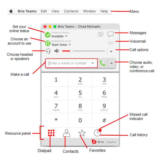 Official annotated Bria Teams Mac interface with dialing and contacts controls.