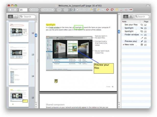 Архивный официальный скриншот окна PDF в Skim на Mac с миниатюрами, выделениями и заметками; не текущая версия 1.7.17.