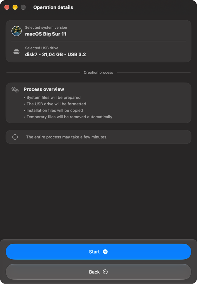Exemplo oficial de revisão de operações do Mac do guia 2.5: instalador do Big Sur e destino USB de exemplo antes da criação.