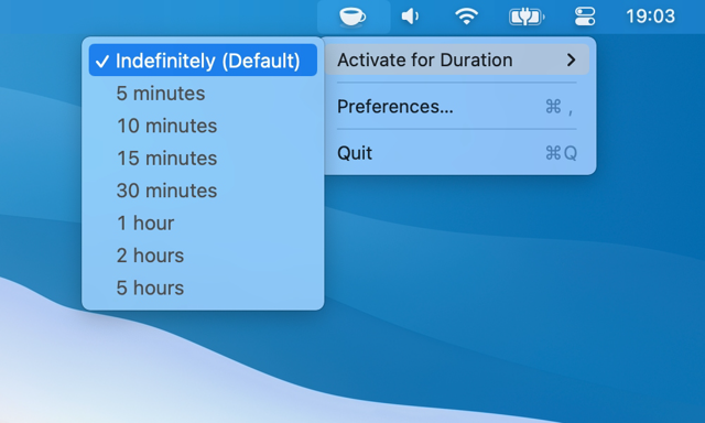 Official historical Mac menu showing timed and indefinite activation; application version not specified.