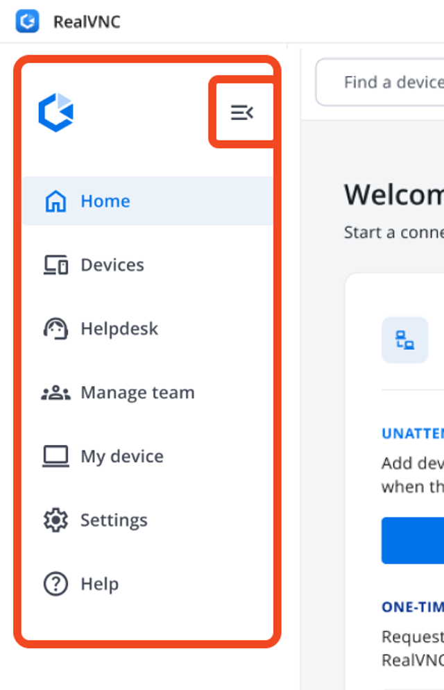 Навигация RealVNC Connect v8 — фрагмент интерфейса с пояснениями из официальной документации