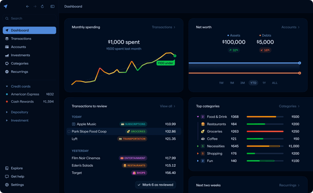 Official desktop dashboard preview with sample spending, net worth and categories.