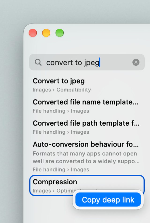 Official Clop 3.5.0 announcement example: copying a deep link from Mac settings search.