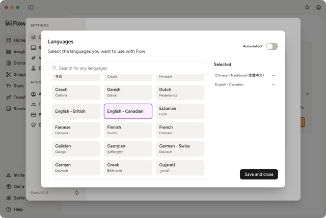 Captura de tela oficial de julho de 2026 das configurações de idioma do Mac mostrando Flow 1.6.11; não a compilação atual 1.6.1074.