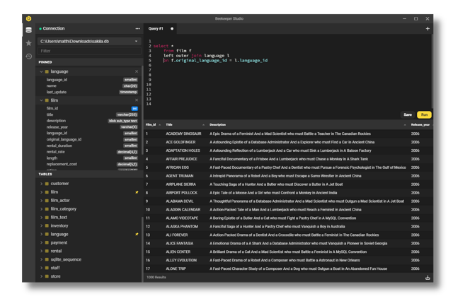 Official historical Beekeeper Studio Windows query-editor example with SQLite results; exact build unspecified.