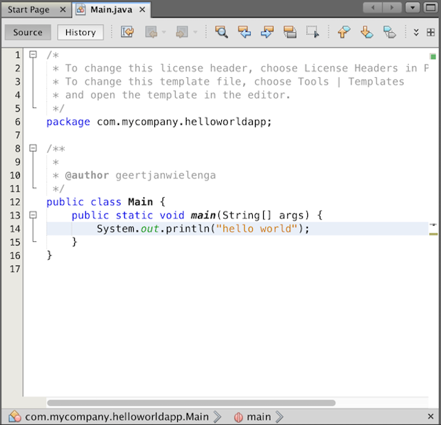 Java editor from the official NetBeans tutorial; illustrative older UI, OS and version unspecified.