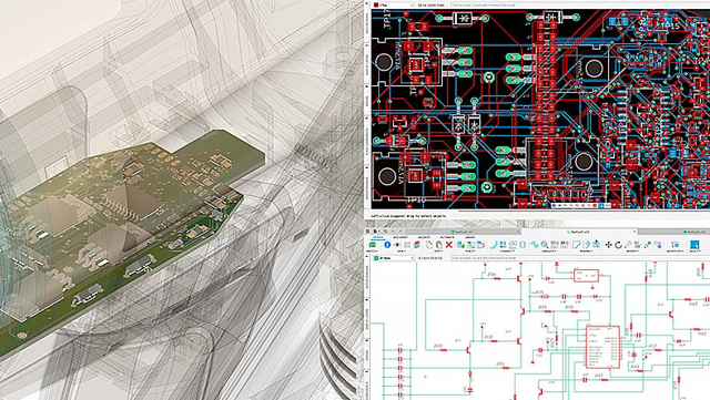 Colagem oficial do fluxo de trabalho de eletrônica do Fusion com exemplos da interface de PCB e esquemas; não é uma captura de tela exata de uma versão para Mac.