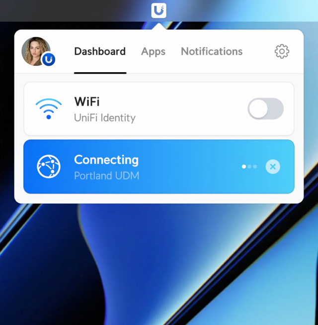 UniFi Identity公式機能デモのデスクトップVPN接続パネル。アカウントとネットワークは例。