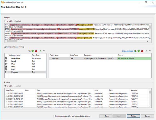 Retrospective field extraction wizard on Windows.