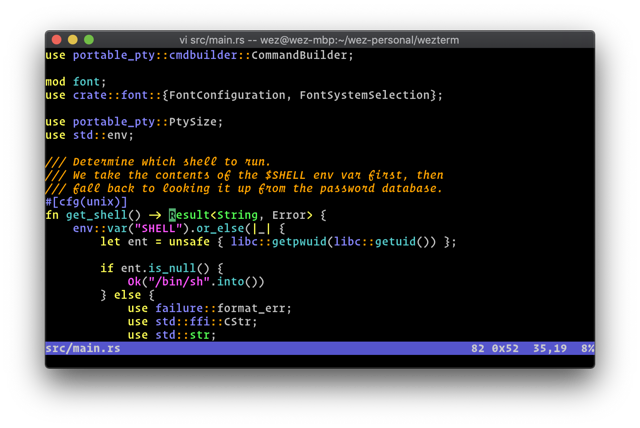 Captura de tela de Mac da documentação oficial do WezTerm mostrando um editor de texto em um terminal; não corresponde a uma versão específica.