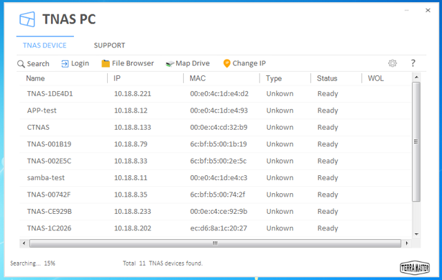 公式TNAS PC旧版Windowsのデバイス検出画面。バージョン不明。macOSや5.2.548ではありません。