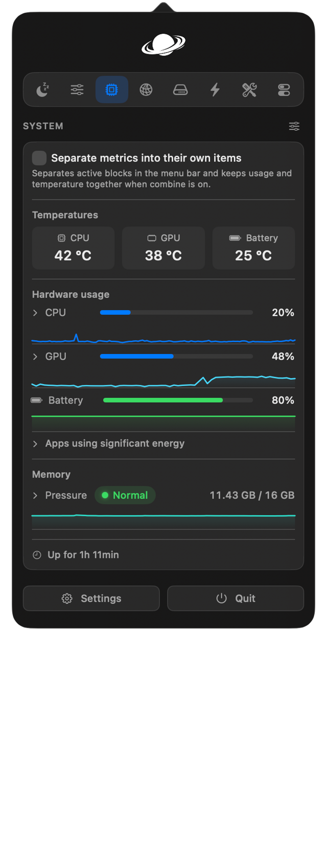 Official 3.4.0 example: view temperatures, CPU and GPU usage, battery, and memory in the System panel.