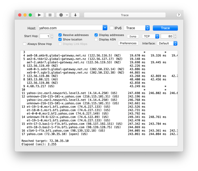 WhatRoute for Mac — official guide example of traceroute in the main window