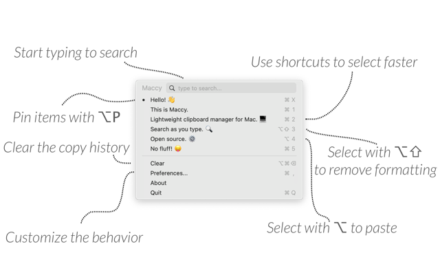 Official Maccy annotated history-menu example for search, pinning and paste shortcuts; not a2.7.1-specific capture.