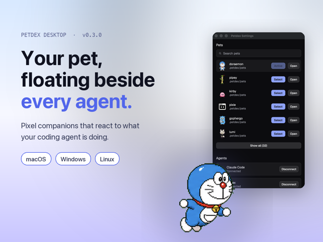 Official Petdex Desktop 0.3.0 showcase with settings and floating pet; historical version and sample pets.
