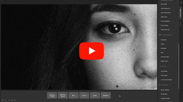 Official video preview showing photo adjustments and the filter tile workflow.