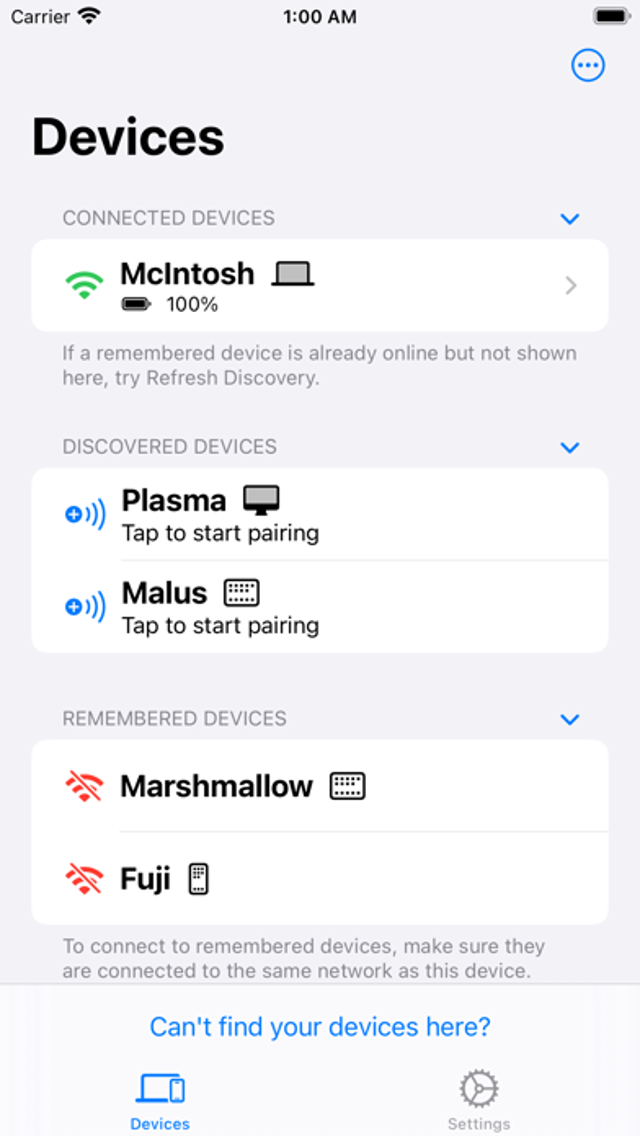 Captura de pantalla oficial de la lista de dispositivos de KDE Connect para iOS, tomada de su ficha en App Store; la interfaz de Mac es diferente.
