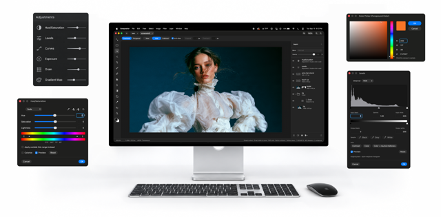 Официальное рекламное изображение Mac от разработчика, демонстрирующее слои и инструменты коррекции Compositor; это не снимок экрана конкретной сборки.