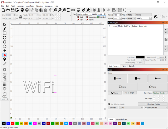 Official tutorial image of LightBurn 1.7 on Windows: text design and laser controls.