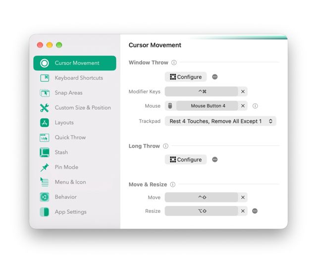 Official Rectangle Pro Cursor Movement settings screenshot (version unspecified)