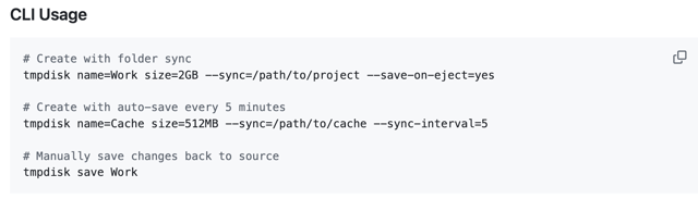 Official TmpDisk 2.3.0 CLI folder-sync operation documentation; command examples, not a local Mac run.