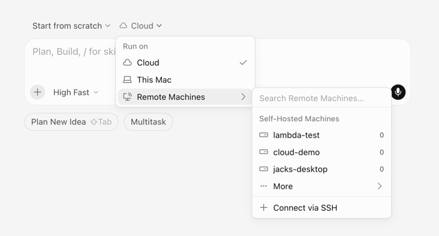 Cursor の公式例: エージェント用に Cloud、This Mac、またはリモートマシンを選択します。特定のバージョン向けのキャプチャではありません。