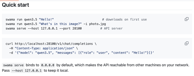 Run models and start a local API — official quick-start documentation screenshot