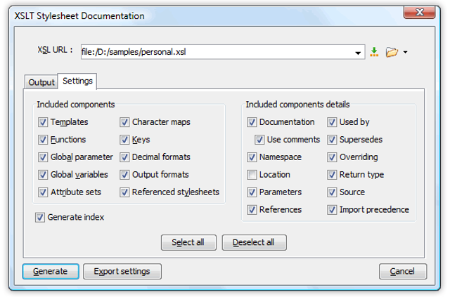 oXygen XML Editor XSLT documentation dialog on Windows.