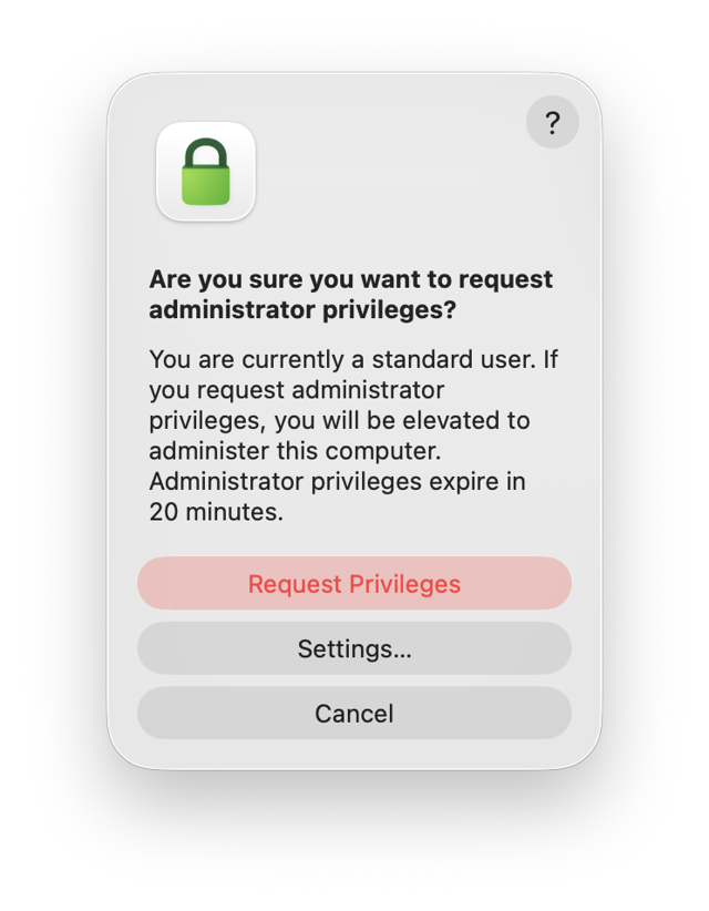 Privileges for Mac — official administrator access request window example