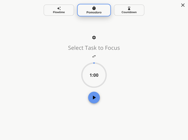 Official cross-platform focus-mode interface; Pomodoro timer (OS not specified).