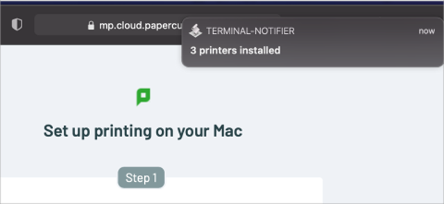 macOS のプリンターインストール完了通知（PaperCut 公式操作ドキュメントの画面例）