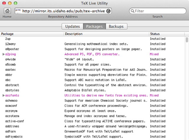 TeX Live Utility macOS 軟體包頁（官方幫助中的歷史介面）