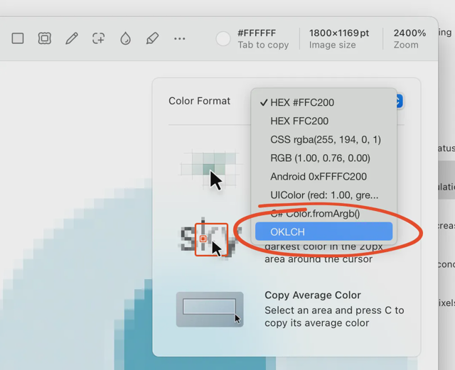 Demonstração oficial do formato de cor do Shottr 1.8.1 com OKLCH. Imagem histórica de Mac, não verificada como atual 1.9.3b.