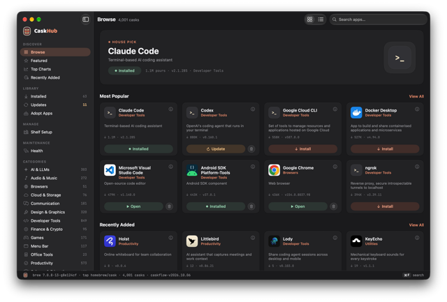 CaskHub の Standard ダークアピアランスと Browse カタログの公式 Mac スクリーンショット。アプリのバージョンは未指定です。