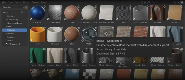 Exemplo oficial do Blender 5.2: materiais Essentials online no Asset Browser; não é uma captura específica para Mac.