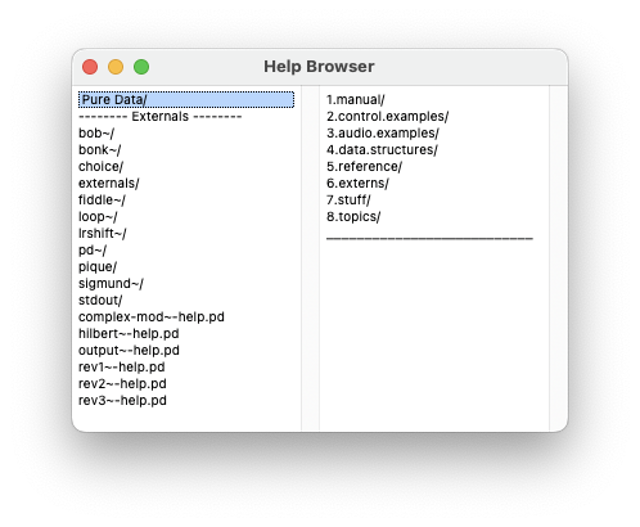 Official manual screenshot of the macOS Help Browser and example folders.