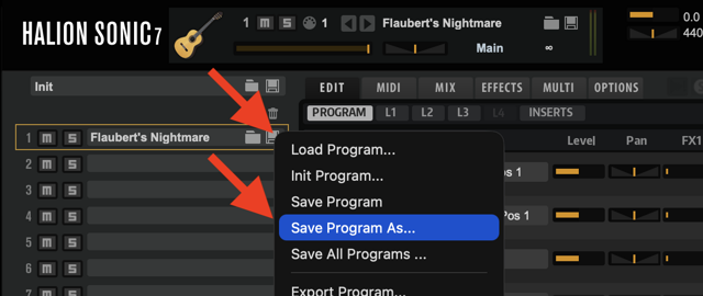 HALion Sonic 7 Save Program As menu — annotated screenshot from official Steinberg documentation