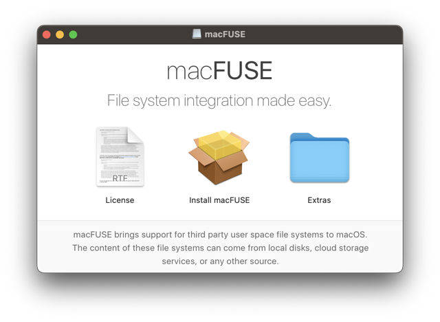Official Getting Started guide example of the macFUSE installation disk image; historical, not a5.4.0-specific capture.