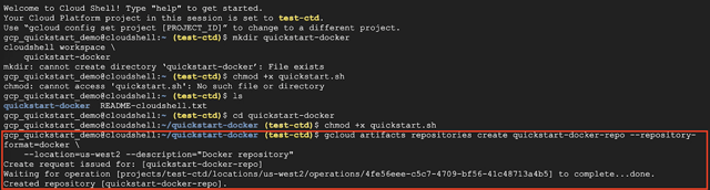Official Google tutorial: gcloud creates an Artifact Registry repository in Cloud Shell; a web-terminal example.